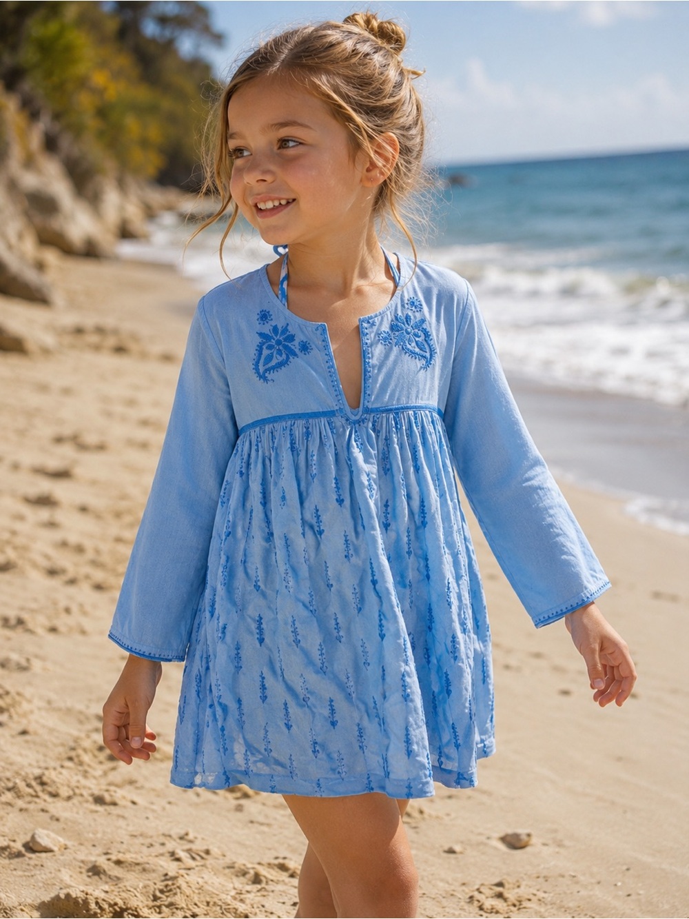 Pink Chicken Jade Blue Paisley Floral Embroidered Tunic Coverup 4T Boho Coastal